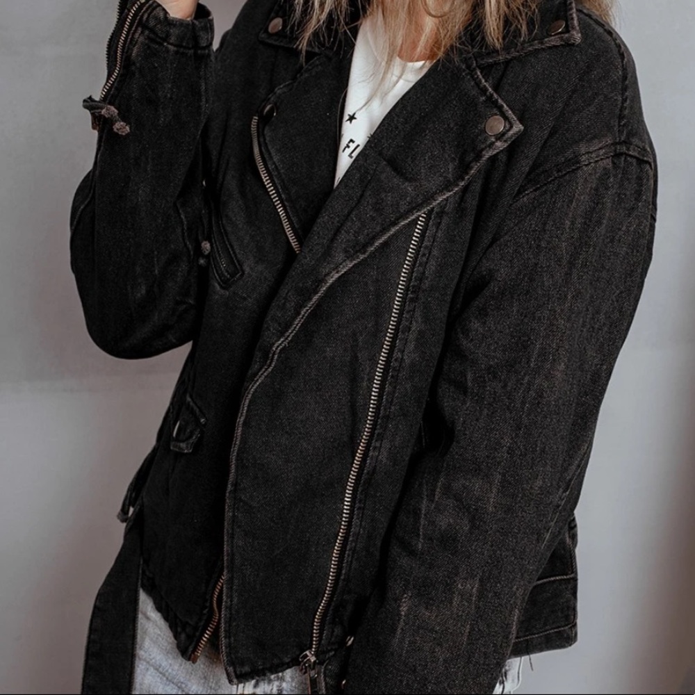 NWT Black Washed Denim Oversized Moto Jacket